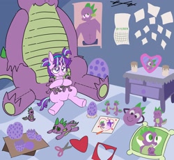 Size: 2560x2360 | Tagged: safe, artist:hollaholla69, spike, starlight glimmer, dragon, pony, unicorn, g4, bedroom eyes, beefspike, calendar, candle, collection, crush, cute, doll, egg, female, heart, high res, horn, hug, implied sparlight, love, male, mask, not creepy, obsessed dash meme, obsession, picture, pillow, plushie, poster, scissors, ship:sparlight, shipping, shrine, spike plushie, spikelove, stalker shrine, straight, toy, yandere