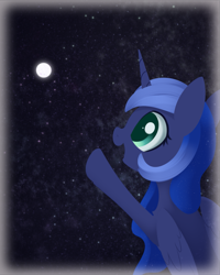 Size: 1675x2092 | Tagged: safe, artist:dusthiel, princess luna, alicorn, pony, g4, atg 2024, colored pupils, cute, female, folded wings, full moon, half body, happy, mare, moon, newbie artist training grounds, night, night sky, open mouth, open smile, pointing, s1 luna, sky, sky background, smiling, solo, starry sky, wings