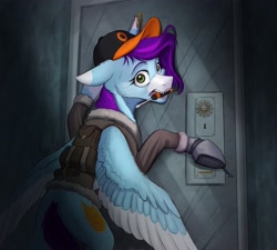 Size: 3329x3000 | Tagged: safe, artist:klarapl, oc, oc only, oc:periwinkle, pegasus, pony, fallout equestria, backpack, baseball cap, bipedal, bipedal leaning, blaze (coat marking), bobby pin, cap, caught, clothes, coat markings, colored eartips, colored wings, door, ear piercing, earring, facial markings, female, floppy ears, freckles, hat, jacket, jewelry, leaning, lock, lockpicking, looking at you, looking back, mare, mouth hold, multicolored wings, pegasus oc, piercing, raised hoof, screwdriver, shoes, solo, spread wings, standing, surprised, sweat, sweatdrop, wings