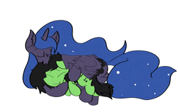 Size: 2130x1350 | Tagged: safe, artist:ponny, princess luna, oc, oc:filly anon, alicorn, earth pony, pony, g4, colored, duo, duo male and female, eyes closed, female, filly, foal, hug, hug from behind, male, mare, simple background, sleeping, white background