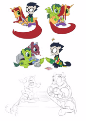 Size: 2048x2897 | Tagged: safe, artist:house-of-tykayl, alicorn, cyborg, cyborg pony, earth pony, pegasus, pony, robot, robot pony, unicorn, alicornified, beast boy, boots, clothes, costume, cute, dc comics, disguise, disguised changeling, eating, female, gaming, gauntlet, gloves, hanging out, horn, male, mare, mask, ponified, race swap, raven (dc comics), robin, roboticization, shoes, smiling, stallion, starfire, teen titans, teen titans go