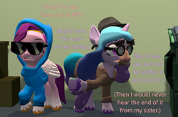 Size: 1638x1080 | Tagged: safe, artist:red4567, izzy moonbow, pipp petals, pegasus, pony, unicorn, g4, g5, 3d, alley, atg 2024, clothes, coat markings, colored hooves, disguise, duo, duo female, fedora, female, g5 to g4, generation leap, glitter, groucho mask, hat, hoodie, hooves, horn, jar, mare, newbie artist training grounds, socks (coat markings), source filmmaker, sunglasses, trenchcoat, unshorn fetlocks