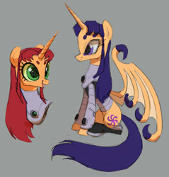 Size: 1010x1058 | Tagged: safe, artist:house-of-tykayl, alicorn, pony, alicornified, bat wings, blackfire, boots, clothes, costume, dc comics, gorget, large wings, ponified, race swap, shoes, sitting, smiling, starfire, teen titans, wings