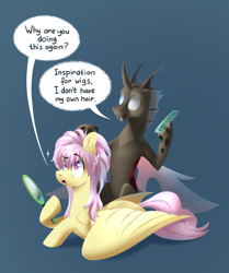 Size: 2994x3582 | Tagged: safe, artist:28gooddays, oc, oc only, oc:cables, oc:coxa, changeling, pegasus, pony, anisocoria, changeling oc, comb, david bowie, dialogue, duo, fangs, male, mirror, no source available, not fluttershy, pegasus oc, pink hair, red changeling, simple background, smiling, speech bubble, text, yellow body