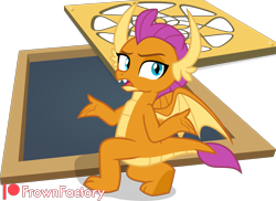 Size: 3000x2186 | Tagged: safe, artist:frownfactory, smolder, dragon, g4, what lies beneath, dragoness, female, kneeling, looking at you, looking back, shrug, simple background, solo, transparent background, vector, wings