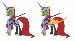 Size: 2048x1113 | Tagged: safe, artist:house-of-tykayl, alicorn, earth pony, pony, armor, armored pony, bat wings, boots, captured, clothes, costume, dc comics, design, glowing, glowing eyes, gorget, large wings, mask, ponified, reins, saddle, shoes, solo, starfire, tack, teen titans, wings