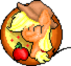 Size: 272x252 | Tagged: safe, artist:isaac_pony, applejack, earth pony, pony, g4, apple, closed eye, digital art, female, food, freckles, hat, icon, pixel art, simple background, smiling, solo, transparent background