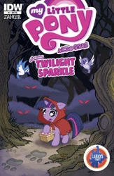 Size: 400x615 | Tagged: safe, artist:tony fleecs, idw, official comic, twilight sparkle, bird, pony, unicorn, g4, micro-series #1, my little pony micro-series, basket, comic cover, cover, cover art, dead tree, female, filly, filly twilight sparkle, floppy ears, foal, footprint, forest, glowing, glowing eyes, glowing eyes of doom, hood, little red riding hood, my little pony logo, nature, open mouth, outdoors, red eyes, scared, solo, tail, tree, unicorn twilight, variant cover, younger