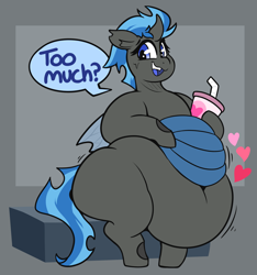 Size: 3736x3993 | Tagged: safe, artist:graphenescloset, oc, oc only, oc:nirvana, changeling, adorafatty, belly, belly button, big belly, changeling oc, changeling overfeeding, chunkling, cute, dialogue, drink, fat, female, huge belly, obese, solo, thighs, thunder thighs