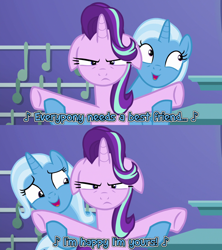 Size: 1920x2160 | Tagged: safe, artist:not-yet-a-brony, edit, edited screencap, screencap, starlight glimmer, trixie, all bottled up, g4, duo, duo female, female, floppy ears, lyrics, lyrics in the description, singing, song, song in the description, song reference, starlight glimmer is not amused, text, trixie's puppeteering, unamused, youtube link in the description