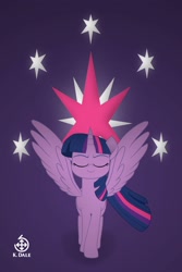 Size: 2000x3000 | Tagged: safe, artist:k. dale, twilight sparkle, alicorn, pony, g4, confident, cutie mark, cutie mark background, eyes closed, horn, movie accurate, simple background, smiling, smug, solo, spread wings, twilight sparkle (alicorn), wings