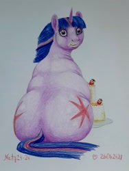 Size: 2057x2742 | Tagged: safe, artist:soobel, twilight sparkle, pony, unicorn, g4, atg 2024, cake, eating, fat, female, food, herbivore, looking at you, looking back, looking back at you, mare, newbie artist training grounds, obese, solo, traditional art, twilard sparkle, unicorn twilight