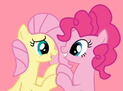 Size: 905x671 | Tagged: safe, artist:jadeharmony, artist:vivithefolle, fluttershy, pinkie pie, earth pony, pegasus, pony, base used, cute, daaaaaaaaaaaw, diapinkes, duo, duo female, female, grin, holding hooves, lesbian, looking at each other, looking at someone, mare, open mouth, open smile, pink background, reunion, ship:flutterpie, shipping, shyabetes, simple background, smiling, smiling at each other, wholesome