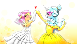 Size: 2877x1648 | Tagged: safe, artist:questionmarkdragon, scootaloo, oc, oc:jemimasparkle, alicorn, pony, g4, ^^, alternate hairstyle, belle, canon x oc, clothes, cute, cutealoo, dancing, dress, duo, duo female, evening gloves, eyes closed, female, gloves, gown, heart, holding hooves, lesbian, long gloves, looking at each other, looking at someone, open mouth, open smile, scootaloo also dresses in style, smiling, smiling at each other