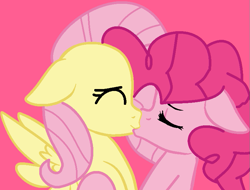 Size: 777x591 | Tagged: safe, artist:jadeharmony, fluttershy, pinkie pie, earth pony, pegasus, pony, g4, ^^, base used, cute, cuteness overload, daaaaaaaaaaaw, diapinkes, duo, eyes closed, female, floppy ears, kiss on the lips, kissing, lesbian, mare, pink background, ship:flutterpie, shipping, shyabetes, simple background, spread wings, wholesome, wings