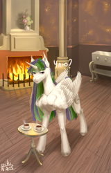 Size: 2049x3207 | Tagged: safe, artist:pikinas13, oc, oc only, oc:sally whitesnow, alicorn, pony, cup, cyrillic, fire, fireplace, food, solo, tea, teacup