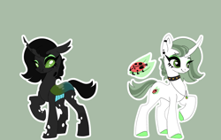 Size: 2979x1877 | Tagged: safe, oc, oc only, oc:sweet shift, changeling, insect, ladybug, unicorn, changeling oc, choker, colored hooves, curved horn, disguise, disguised changeling, ear piercing, earring, eyeshadow, green background, green eyes, green eyeshadow, hooves, horn, jewelry, makeup, necklace, piercing, simple background, solo, spiked choker, standing