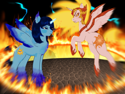 Size: 2048x1536 | Tagged: artist needed, safe, daybreaker, oc, oc:blue thunder, alicorn, pony, g4, alicorn oc, battlefield, duo, duo male and female, female, fight, fire, horn, lightning, male, wings