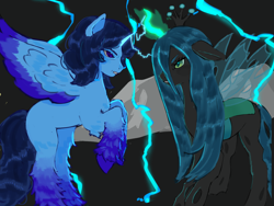 Size: 2048x1536 | Tagged: artist needed, safe, queen chrysalis, oc, oc:blue thunder, alicorn, pony, g4, alicorn oc, dark background, duo, duo male and female, female, fight, horn, lightning, male, wings