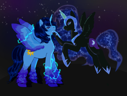 Size: 2048x1536 | Tagged: artist needed, safe, nightmare moon, oc, oc:blue thunder, alicorn, pony, g4, alicorn oc, duo, duo male and female, female, fight, horn, male, night, night sky, sky, wings