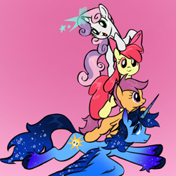 Size: 2048x2048 | Tagged: artist needed, safe, apple bloom, scootaloo, sweetie belle, oc, oc:blue thunder, alicorn, earth pony, pegasus, pony, unicorn, g4, alicorn oc, cutie mark crusaders, flying, gradient background, horn, wings