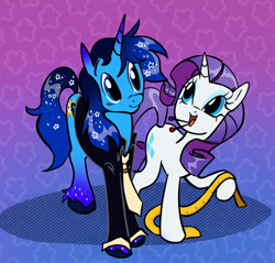 Size: 1292x1233 | Tagged: artist needed, source needed, safe, rarity, oc, oc:blue thunder, alicorn, pony, unicorn, g4, alicorn oc, clothes, duo, duo male and female, female, gradient background, happy, horn, male, measuring tape, necktie, patterned background, pin, suit, wings