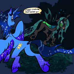 Size: 2048x2048 | Tagged: artist needed, source needed, safe, queen chrysalis, oc, oc:blue thunder, alicorn, pony, g4, alicorn oc, duo, duo male and female, female, fight, horn, male, threat, threatening, wings