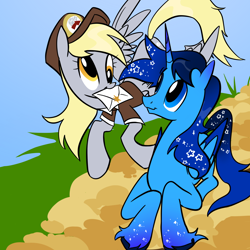 Size: 2048x2048 | Tagged: artist needed, source needed, safe, derpy hooves, oc, oc:blue thunder, alicorn, pegasus, pony, g4, alicorn oc, duo, duo male and female, female, horn, letter, mail, mailmare uniform, male, mouth hold, wings