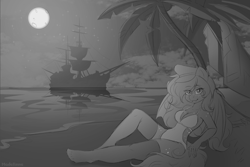 Size: 5813x3889 | Tagged: safe, artist:madelinne, oc, oc only, oc:umbra glow, bat pony, anthro, plantigrade anthro, bat pony oc, beach, black and white, boat, clothes, cloud, commission, female, grayscale, mare, monochrome, moon, night, ocean, palm tree, solo, swimsuit, tree, water