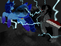 Size: 2048x1536 | Tagged: artist needed, safe, king sombra, oc, oc:blue thunder, alicorn, pony, unicorn, g4, alicorn oc, darkness, duo, duo male, evil, fight, horn, lightning, male, wings