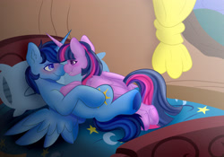 Size: 3954x2772 | Tagged: artist needed, safe, twilight sparkle, oc, oc:blue thunder, alicorn, pony, g4, alicorn oc, bed, bedroom ponies, blushing, canon x oc, duo, duo male and female, ear fluff, female, folded wings, golden oaks library, hoof heart, horn, male, male alicorn, male alicorn oc, shipping, spread wings, straight, thundersparkle, treehouse, twilight sparkle (alicorn), underhoof, watermark, wing fluff, wings