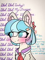 Size: 1500x2000 | Tagged: safe, artist:sodapop sprays, coco pommel, earth pony, pony, g4, blushing, bored, bust, chest fluff, collar, ear fluff, eye clipping through hair, female, freckles, implied rarity, mare, rough sketch, solo, text, waiting