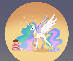 Size: 6749x5680 | Tagged: safe, artist:adastra, princess celestia, alicorn, pony, g4, cake, cakelestia, concave belly, cute, female, food, gradient background, implied princess luna, licking, licking lips, looking at something, mare, slender, solo, that princess sure does love cake, thin, tongue out