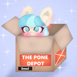 Size: 1226x1226 | Tagged: safe, artist:sodapop sprays, coco pommel, earth pony, pony, g4, blushing, box, ear fluff, eye clipping through hair, looking up, meme, pony in a box, solo