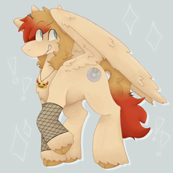 Size: 1280x1280 | Tagged: safe, artist:brynnstic, oc, oc only, pegasus, pony, blonde mane, blue eyes, clothes, digital art, drawing, dyed mane, dyed tail, exclamation point, fishnet clothing, fishnet stockings, hairpin, jewelry, necklace, simple background, stars, stockings, tail, thigh highs, wings