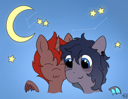 Size: 2028x1571 | Tagged: safe, artist:hardrock, oc, oc only, oc:hardy, alicorn, bat pony, pony, constellation, duo, duo male and female, female, gradient background, male, mare, moon, stallion, stars, straight