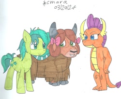 Size: 1584x1295 | Tagged: safe, artist:cmara, sandbar, smolder, yona, dragon, earth pony, pony, yak, g4, bow, dragoness, female, hair bow, male, monkey swings, simple background, smiling, traditional art, trio, white background