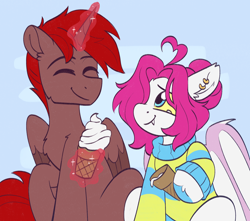 Size: 1696x1500 | Tagged: safe, artist:skysorbett, oc, oc:hardy, oc:lerk, alicorn, bat pony, pony, chest fluff, clothes, colored sketch, duo, ear fluff, eyes closed, female, food, ice cream, looking at each other, looking at someone, magic, male, mare, sketch, smiling, stallion, straight, telekinesis