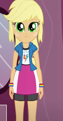 Size: 490x936 | Tagged: safe, artist:qbert2kcat, applejack, equestria girls, g4, clothes, clothes swap, jacket, shirt, skirt, solo, vest