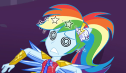 Size: 1016x595 | Tagged: safe, screencap, rainbow dash, human, equestria girls, g4, my little pony equestria girls: better together, super squad goals, circling stars, clothes, crystal guardian, crystal wings, dizzy, female, geode of super speed, gritted teeth, knocked out, magical geodes, ponied up, ponytail, solo, swirly eyes, teeth, wings