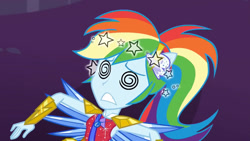 Size: 1024x576 | Tagged: safe, screencap, rainbow dash, human, equestria girls, g4, my little pony equestria girls: better together, super squad goals, circling stars, clothes, crystal guardian, crystal wings, dizzy, female, geode of super speed, gritted teeth, knocked out, magical geodes, ponied up, ponytail, solo, swirly eyes, teeth, wings