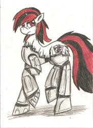 Size: 762x1048 | Tagged: safe, artist:zubias, oc, oc only, oc:blackjack, cyborg, cyborg pony, pony, unicorn, fallout equestria, fallout equestria: project horizons, butt fluff, colored pencil drawing, cybernetic legs, horn, level 1 (project horizons), raised hoof, red eyes, simple background, small horn, solo, traditional art, unicorn oc, white background