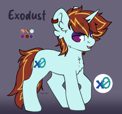 Size: 2577x2404 | Tagged: safe, artist:spoopygander, oc, oc only, oc:exodust, pony, unicorn, commission, ear piercing, eyebrows, eyebrows visible through hair, eyeshadow, gradient background, high res, horn, looking at you, makeup, male, piercing, red hair, smiling, smiling at you, solo, stallion, striped mane, striped tail, tail, unicorn oc, ych result