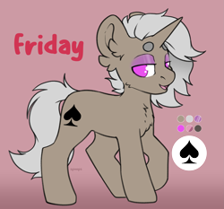 Size: 2577x2404 | Tagged: safe, artist:itsspoops, oc, oc only, oc:friday (exodust), pony, unicorn, eyeshadow, gradient background, grey hair, high res, horn, looking at you, makeup, male, reference sheet, smiling, smiling at you, solo, stallion, unicorn oc