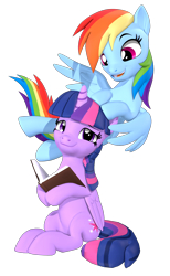 Size: 2160x3500 | Tagged: safe, artist:owlpirate, rainbow dash, twilight sparkle, alicorn, pegasus, pony, g4, 3d, book, duo, duo female, female, flying, high res, hoof hold, lesbian, mare, ship:twidash, shipping, simple background, sitting, smiling, source filmmaker, transparent background, twilight sparkle (alicorn)