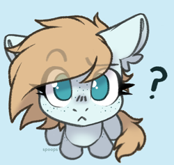 Size: 780x740 | Tagged: safe, artist:itsspoops, oc, oc only, oc:cold blight, pegasus, pony, blue background, commission, cyan background, ear fluff, eye clipping through hair, eyebrows, eyebrows visible through hair, freckles, looking at you, question mark, simple background, solo, ych result