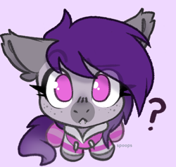 Size: 780x740 | Tagged: safe, artist:spoopygander, oc, oc only, oc:lilac lily, bat pony, pony, bat pony oc, clothes, commission, ear fluff, eye clipping through hair, eyebrows, eyebrows visible through hair, fangs, looking at you, purple background, question mark, simple background, solo, ych result