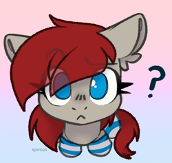 Size: 780x740 | Tagged: safe, artist:spoopygander, oc, oc only, oc:ponepony, earth pony, pony, clothes, commission, ear fluff, earth pony oc, eye clipping through hair, eyebrows, eyebrows visible through hair, gradient background, looking at you, question mark, socks, solo, striped socks, ych result