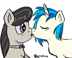 Size: 1241x1000 | Tagged: safe, artist:wrath-marionphauna, dj pon-3, octavia melody, vinyl scratch, g4, female, heart, heart eyes, kissing, lesbian, love, ship:scratchtavia, shipping, surprised, wingding eyes