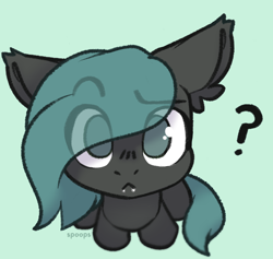 Size: 780x740 | Tagged: safe, artist:spoopygander, oc, oc only, oc:smidge, bat pony, pony, commission, ear fluff, earth pony oc, eye clipping through hair, eyebrows, eyebrows visible through hair, fangs, green background, looking at you, question mark, simple background, solo, ych result